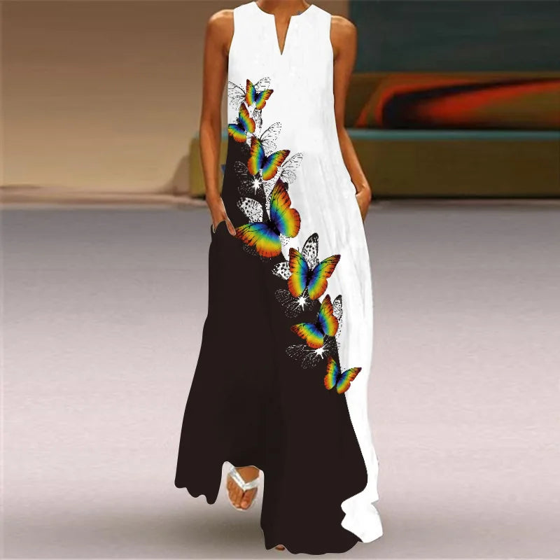 Vintage Print Women Sundress 2026 Summer Fashion V-neck Sleeveless Long Dress Elegant Ladies Maxi Dresses Femme Vestidos