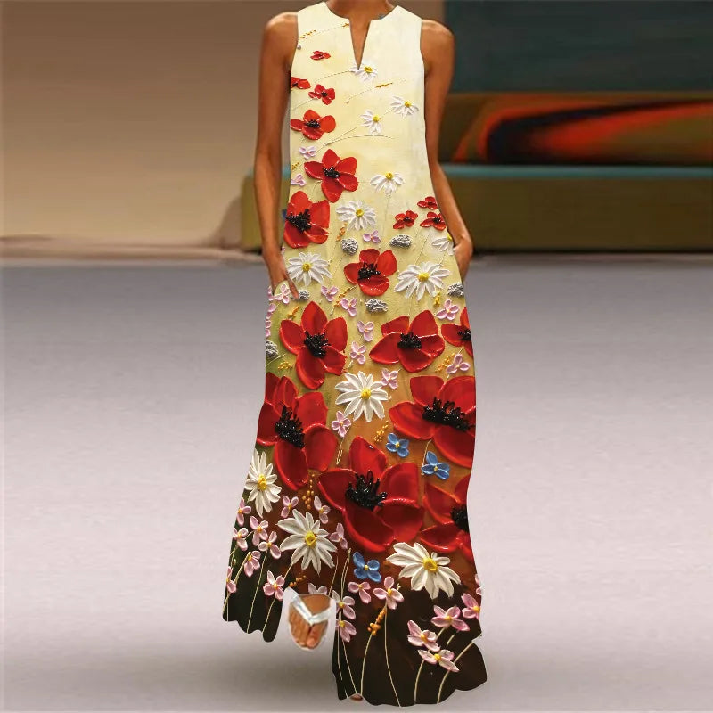 Vintage Print Women Sundress 2026 Summer Fashion V-neck Sleeveless Long Dress Elegant Ladies Maxi Dresses Femme Vestidos