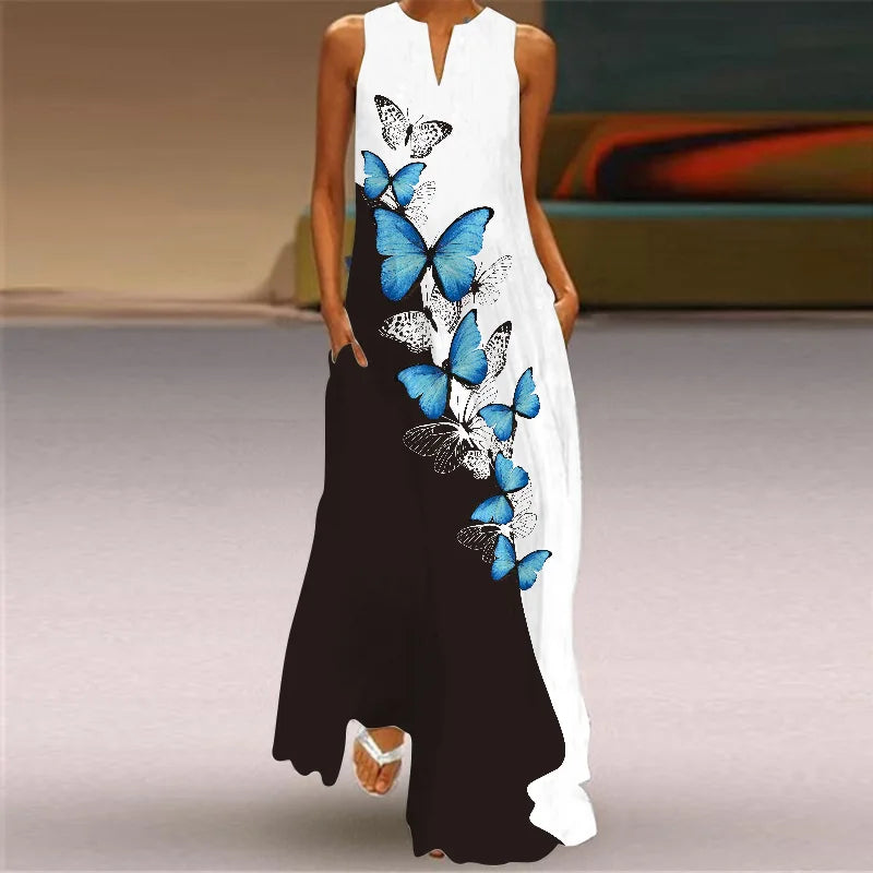 Vintage Print Women Sundress 2026 Summer Fashion V-neck Sleeveless Long Dress Elegant Ladies Maxi Dresses Femme Vestidos