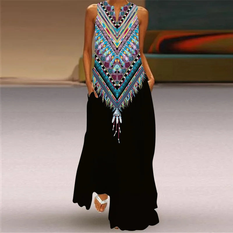 Vintage Print Women Sundress 2026 Summer Fashion V-neck Sleeveless Long Dress Elegant Ladies Maxi Dresses Femme Vestidos