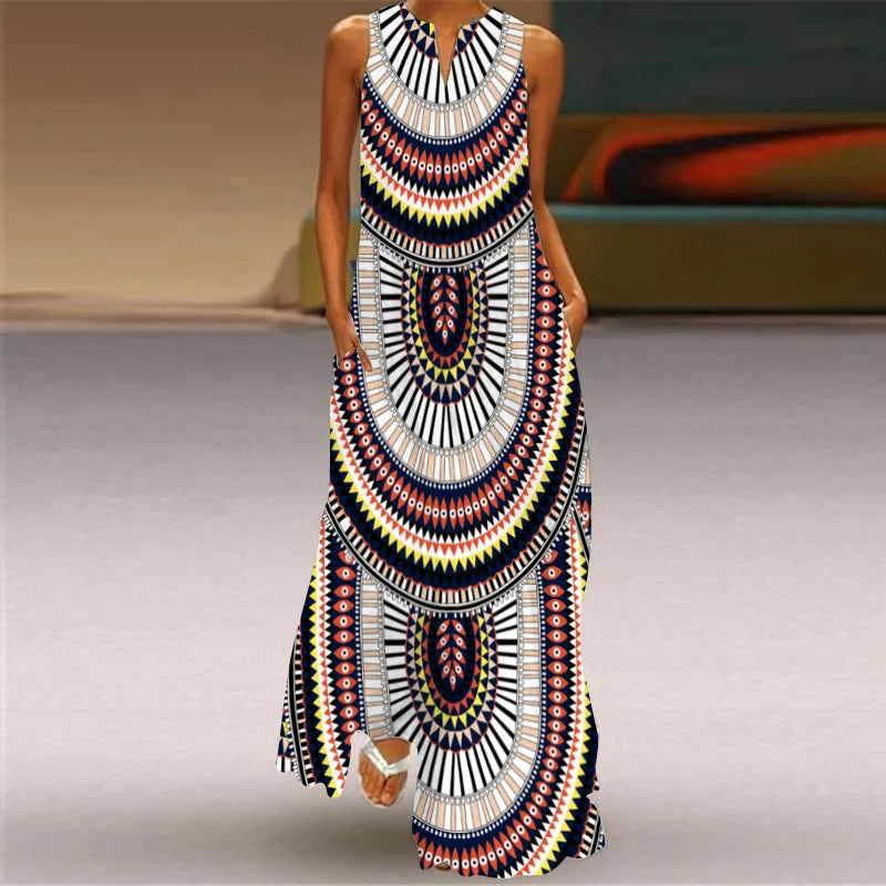 Vintage Print Women Sundress 2026 Summer Fashion V-neck Sleeveless Long Dress Elegant Ladies Maxi Dresses Femme Vestidos