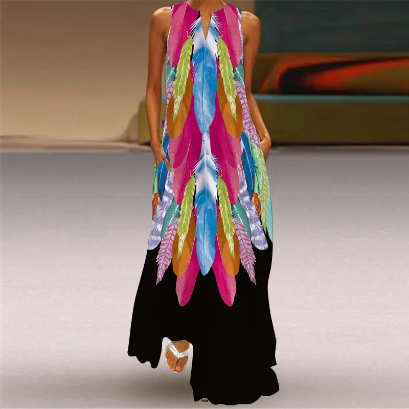 Vintage Print Women Sundress 2026 Summer Fashion V-neck Sleeveless Long Dress Elegant Ladies Maxi Dresses Femme Vestidos