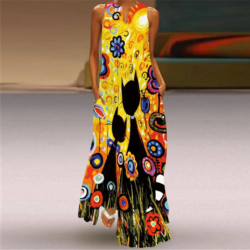 Vintage Print Women Sundress 2026 Summer Fashion V-neck Sleeveless Long Dress Elegant Ladies Maxi Dresses Femme Vestidos