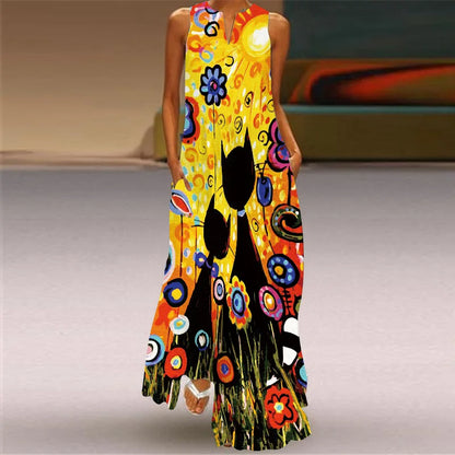 Vintage Print Women Sundress 2026 Summer Fashion V-neck Sleeveless Long Dress Elegant Ladies Maxi Dresses Femme Vestidos