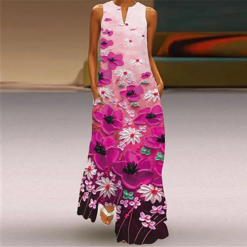 Vintage Print Women Sundress 2026 Summer Fashion V-neck Sleeveless Long Dress Elegant Ladies Maxi Dresses Femme Vestidos