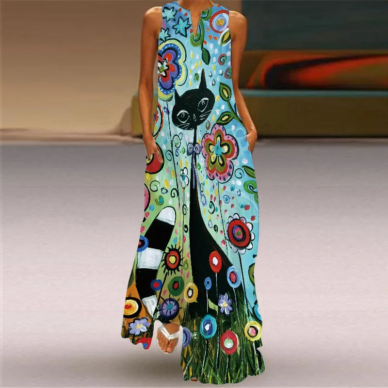 Vintage Print Women Sundress 2026 Summer Fashion V-neck Sleeveless Long Dress Elegant Ladies Maxi Dresses Femme Vestidos