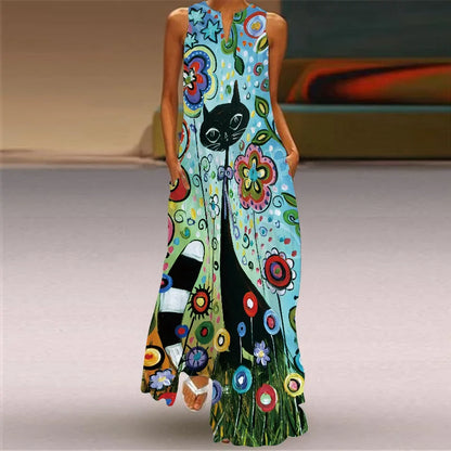 Vintage Print Women Sundress 2026 Summer Fashion V-neck Sleeveless Long Dress Elegant Ladies Maxi Dresses Femme Vestidos