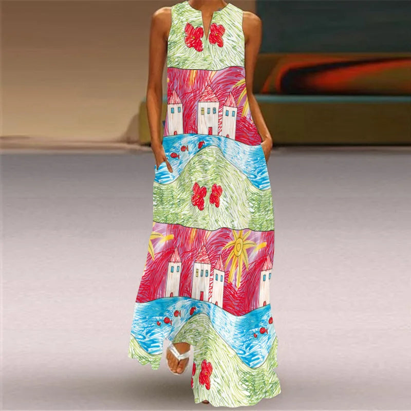 Vintage Print Women Sundress 2026 Summer Fashion V-neck Sleeveless Long Dress Elegant Ladies Maxi Dresses Femme Vestidos