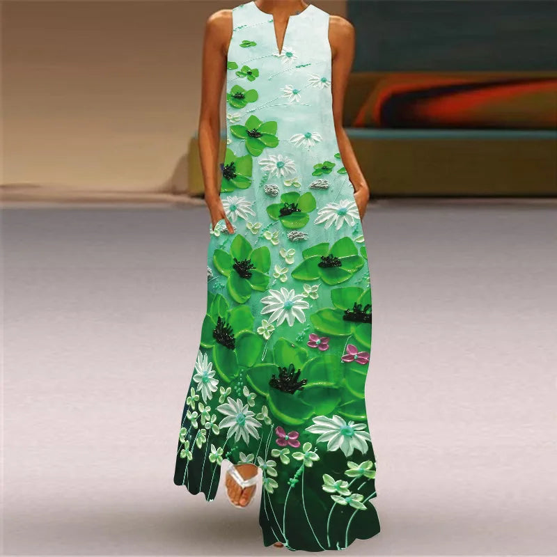 Vintage Print Women Sundress 2026 Summer Fashion V-neck Sleeveless Long Dress Elegant Ladies Maxi Dresses Femme Vestidos