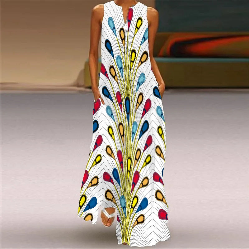 Vintage Print Women Sundress 2026 Summer Fashion V-neck Sleeveless Long Dress Elegant Ladies Maxi Dresses Femme Vestidos