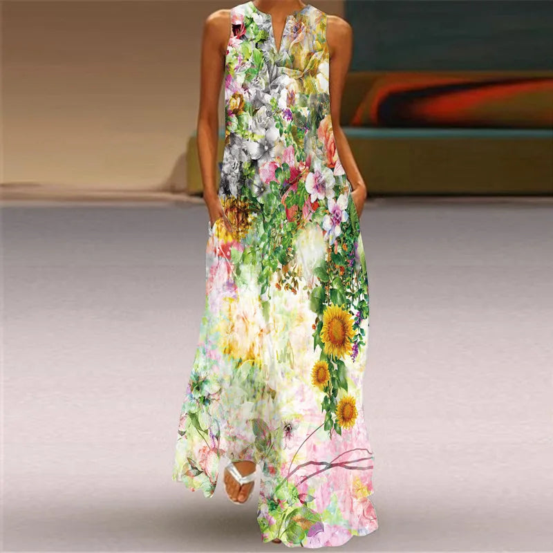 Vintage Print Women Sundress 2026 Summer Fashion V-neck Sleeveless Long Dress Elegant Ladies Maxi Dresses Femme Vestidos