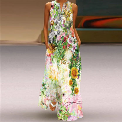 Vintage Print Women Sundress 2026 Summer Fashion V-neck Sleeveless Long Dress Elegant Ladies Maxi Dresses Femme Vestidos