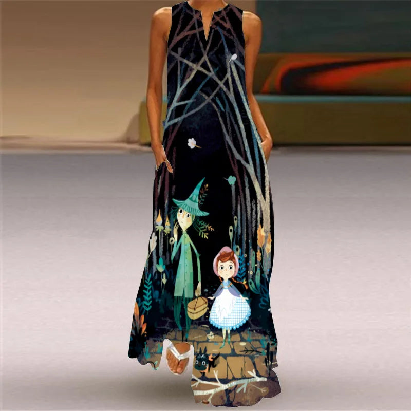 Vintage Print Women Sundress 2026 Summer Fashion V-neck Sleeveless Long Dress Elegant Ladies Maxi Dresses Femme Vestidos
