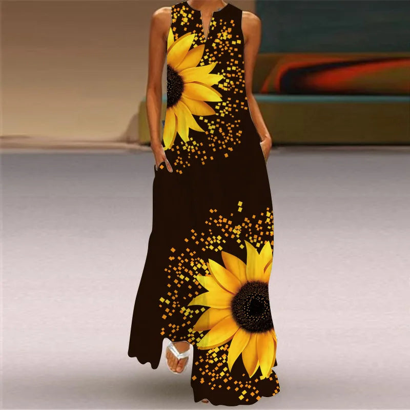Vintage Print Women Sundress 2026 Summer Fashion V-neck Sleeveless Long Dress Elegant Ladies Maxi Dresses Femme Vestidos