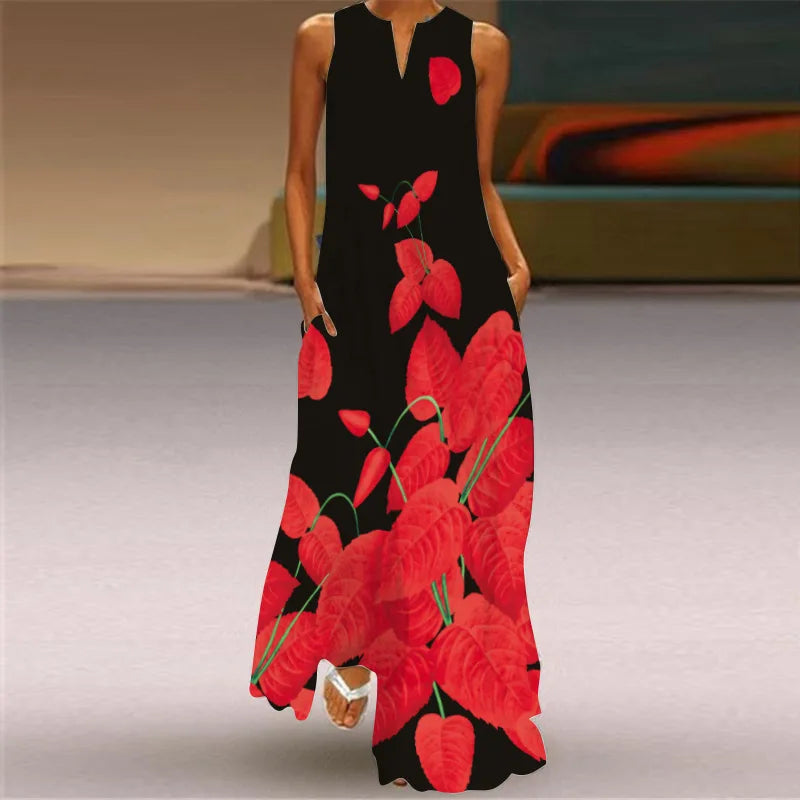 Vintage Print Women Sundress 2026 Summer Fashion V-neck Sleeveless Long Dress Elegant Ladies Maxi Dresses Femme Vestidos