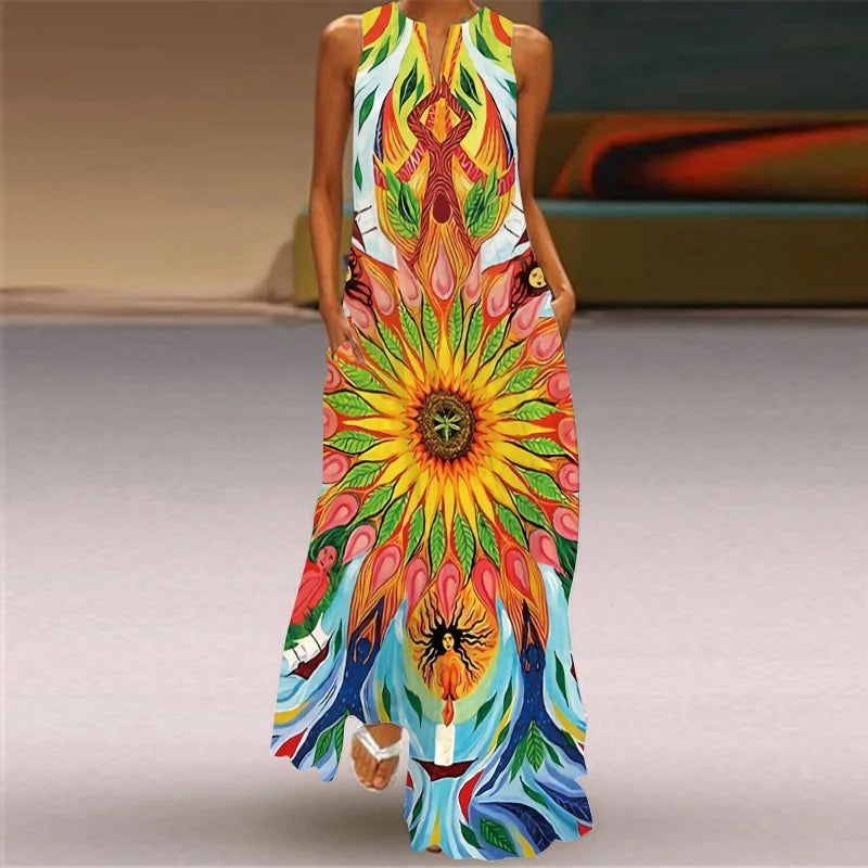 Vintage Print Women Sundress 2026 Summer Fashion V-neck Sleeveless Long Dress Elegant Ladies Maxi Dresses Femme Vestidos