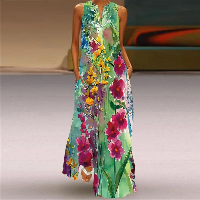 Vintage Print Women Sundress 2026 Summer Fashion V-neck Sleeveless Long Dress Elegant Ladies Maxi Dresses Femme Vestidos
