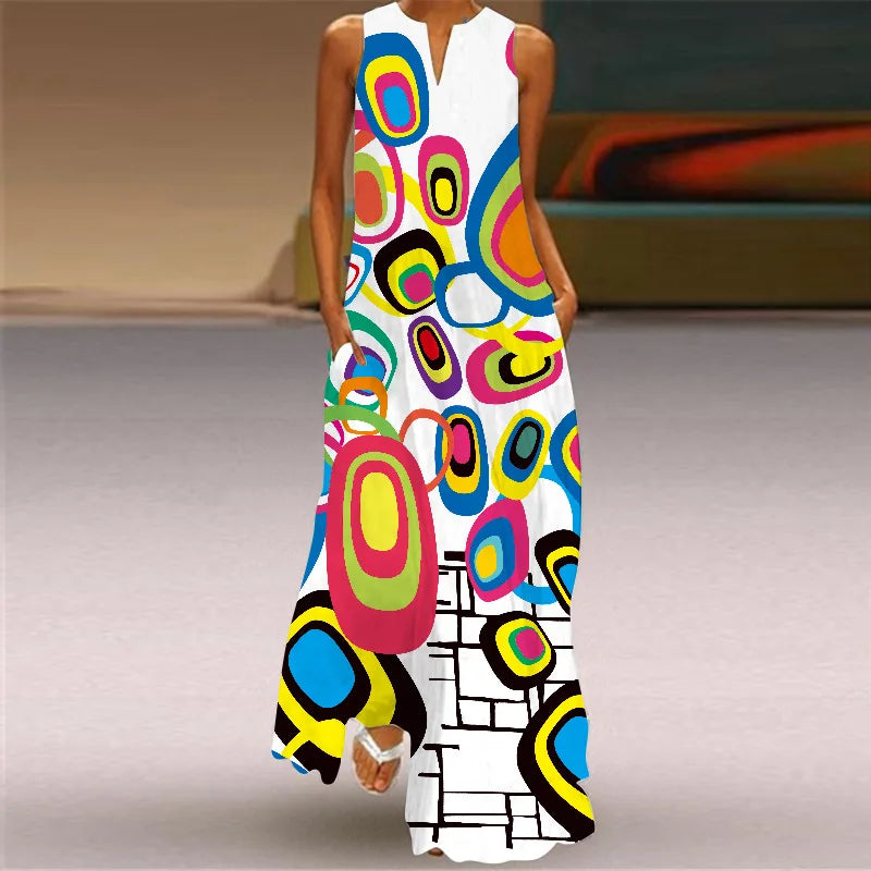 Vintage Print Women Sundress 2026 Summer Fashion V-neck Sleeveless Long Dress Elegant Ladies Maxi Dresses Femme Vestidos