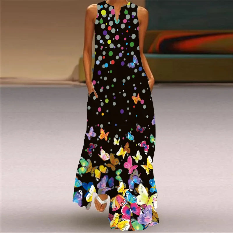 Vintage Print Women Sundress 2026 Summer Fashion V-neck Sleeveless Long Dress Elegant Ladies Maxi Dresses Femme Vestidos