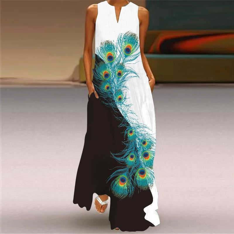 Vintage Print Women Sundress 2026 Summer Fashion V-neck Sleeveless Long Dress Elegant Ladies Maxi Dresses Femme Vestidos