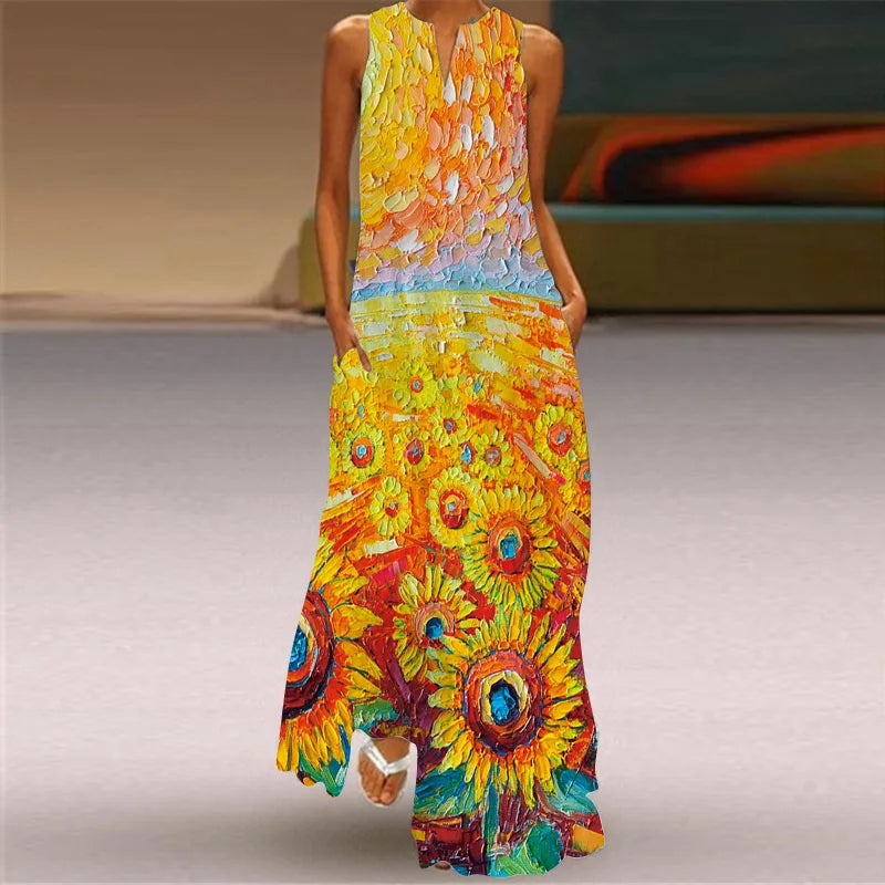 Vintage Print Women Sundress 2026 Summer Fashion V-neck Sleeveless Long Dress Elegant Ladies Maxi Dresses Femme Vestidos