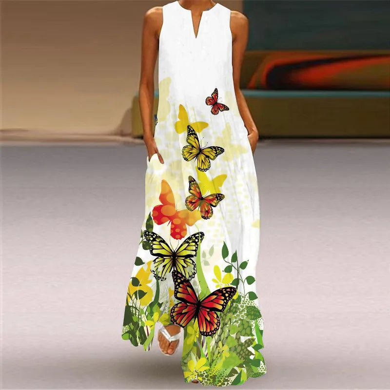 Vintage Print Women Sundress 2026 Summer Fashion V-neck Sleeveless Long Dress Elegant Ladies Maxi Dresses Femme Vestidos