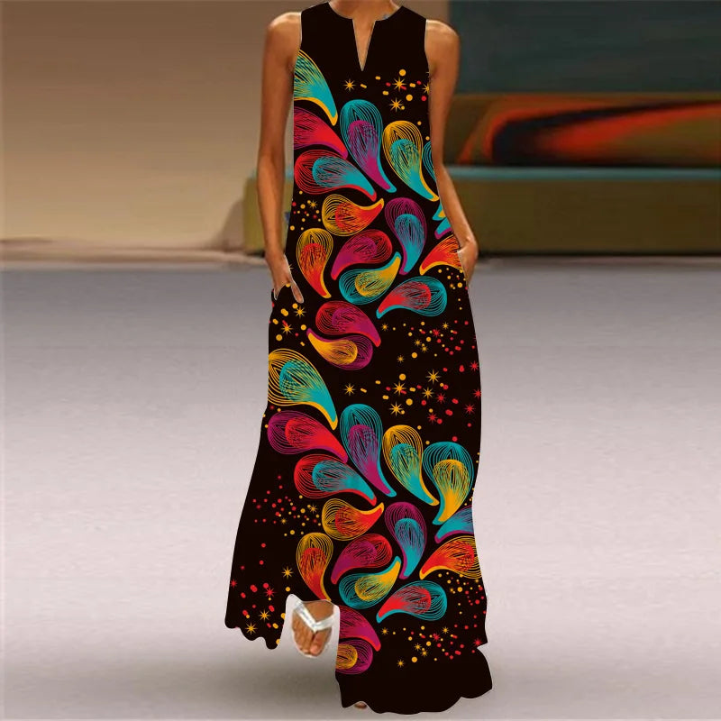Vintage Print Women Sundress 2026 Summer Fashion V-neck Sleeveless Long Dress Elegant Ladies Maxi Dresses Femme Vestidos