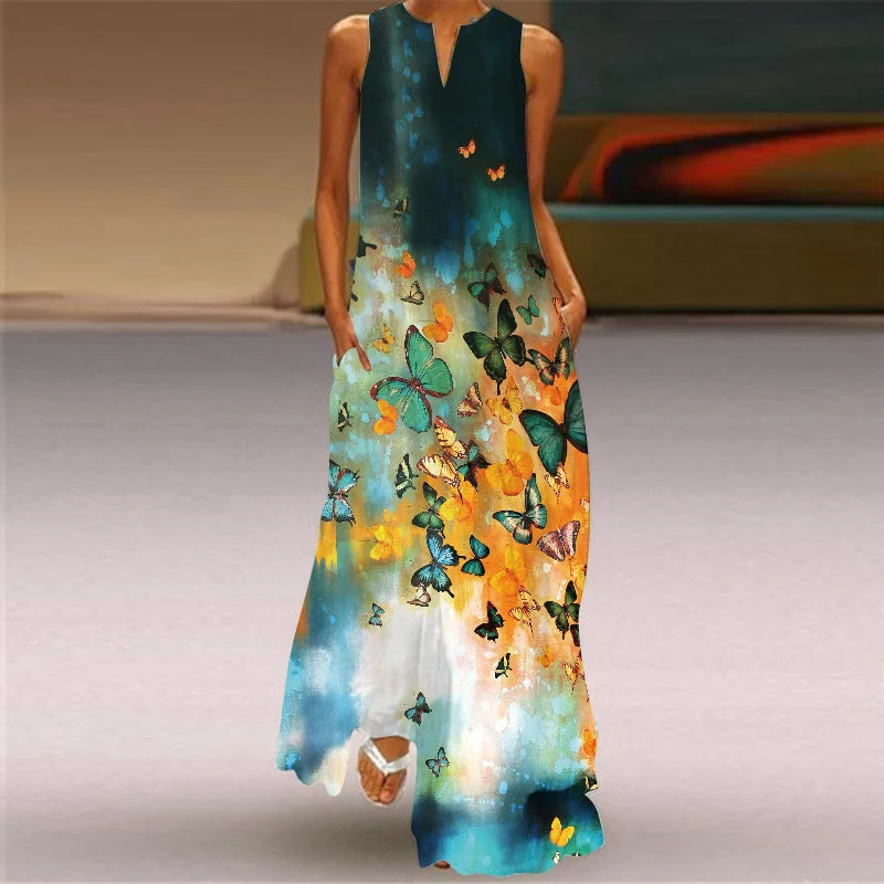 Vintage Print Women Sundress 2026 Summer Fashion V-neck Sleeveless Long Dress Elegant Ladies Maxi Dresses Femme Vestidos