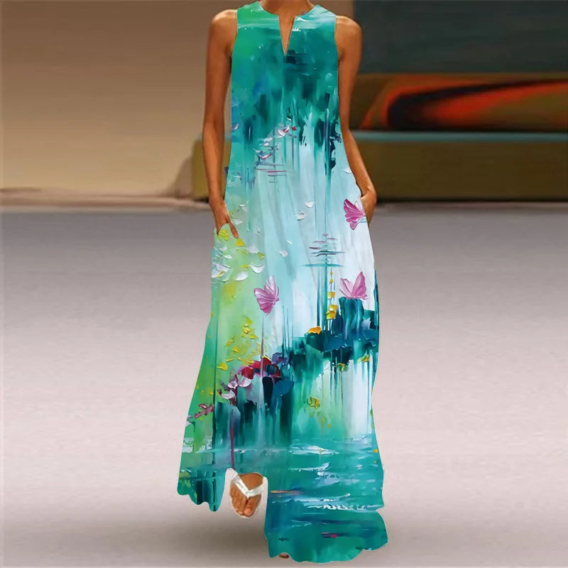 Vintage Print Women Sundress 2026 Summer Fashion V-neck Sleeveless Long Dress Elegant Ladies Maxi Dresses Femme Vestidos