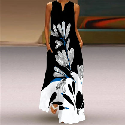 Vintage Print Women Sundress 2026 Summer Fashion V-neck Sleeveless Long Dress Elegant Ladies Maxi Dresses Femme Vestidos