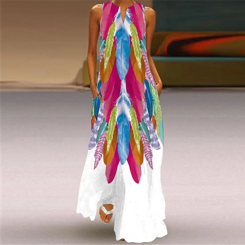 Vintage Print Women Sundress 2026 Summer Fashion V-neck Sleeveless Long Dress Elegant Ladies Maxi Dresses Femme Vestidos