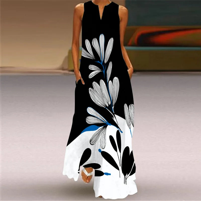 Vintage Print Women Sundress 2026 Summer Fashion V-neck Sleeveless Long Dress Elegant Ladies Maxi Dresses Femme Vestidos