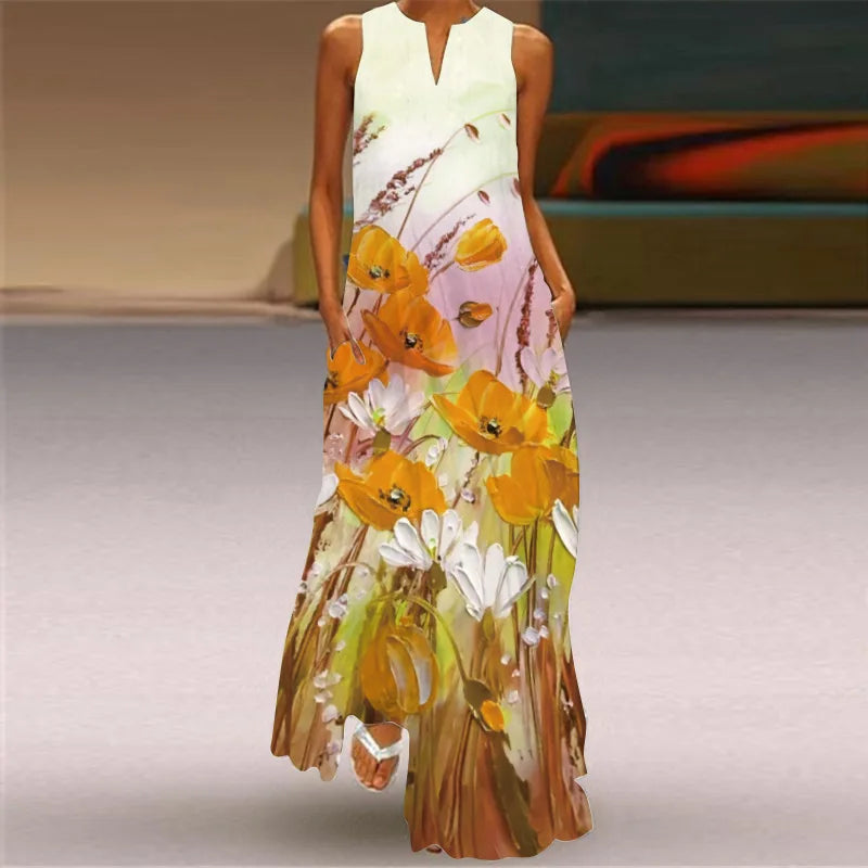 Vintage Print Women Sundress 2026 Summer Fashion V-neck Sleeveless Long Dress Elegant Ladies Maxi Dresses Femme Vestidos