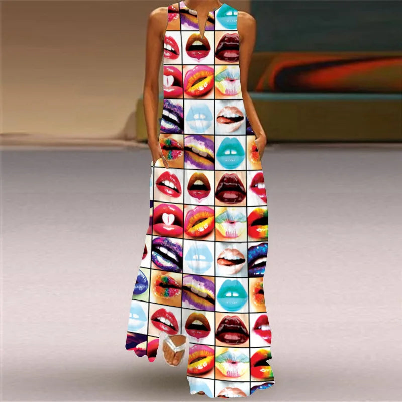 Vintage Print Women Sundress 2026 Summer Fashion V-neck Sleeveless Long Dress Elegant Ladies Maxi Dresses Femme Vestidos