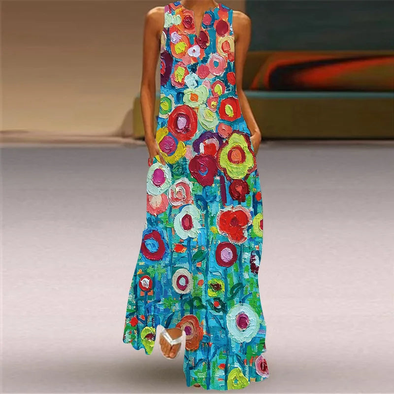 Vintage Print Women Sundress 2026 Summer Fashion V-neck Sleeveless Long Dress Elegant Ladies Maxi Dresses Femme Vestidos