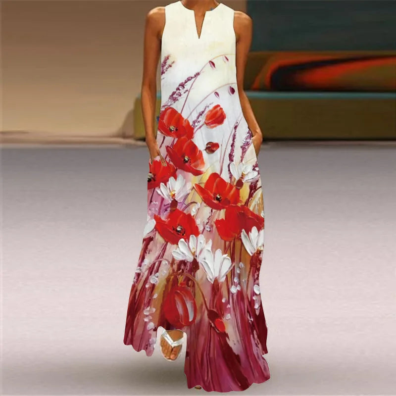 Vintage Print Women Sundress 2026 Summer Fashion V-neck Sleeveless Long Dress Elegant Ladies Maxi Dresses Femme Vestidos