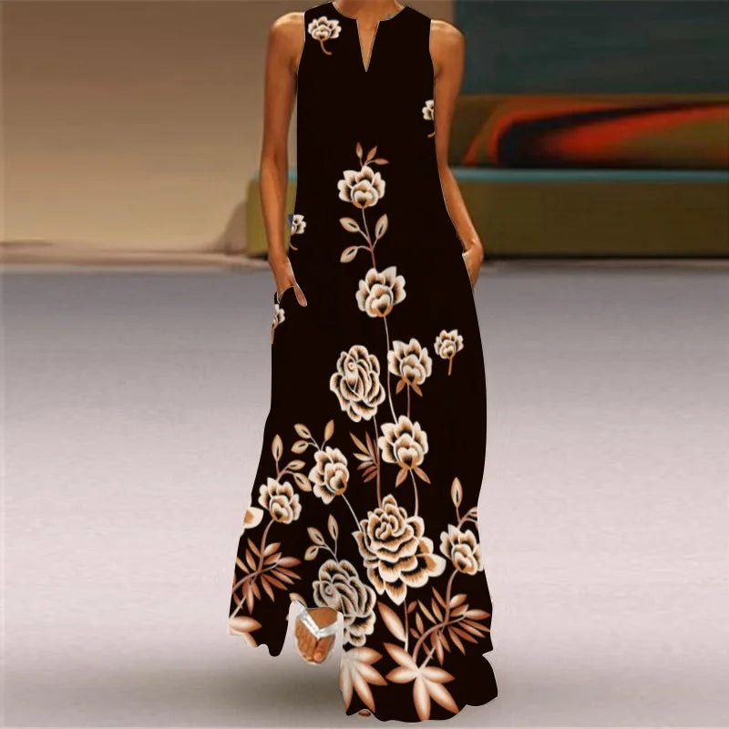 Vintage Print Women Sundress 2026 Summer Fashion V-neck Sleeveless Long Dress Elegant Ladies Maxi Dresses Femme Vestidos