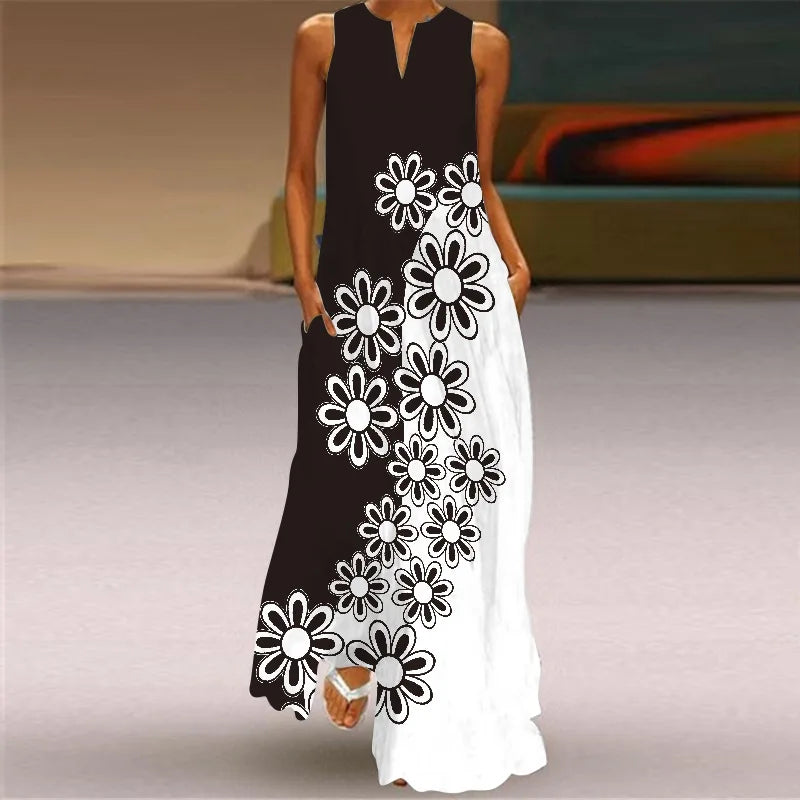 Vintage Print Women Sundress 2026 Summer Fashion V-neck Sleeveless Long Dress Elegant Ladies Maxi Dresses Femme Vestidos