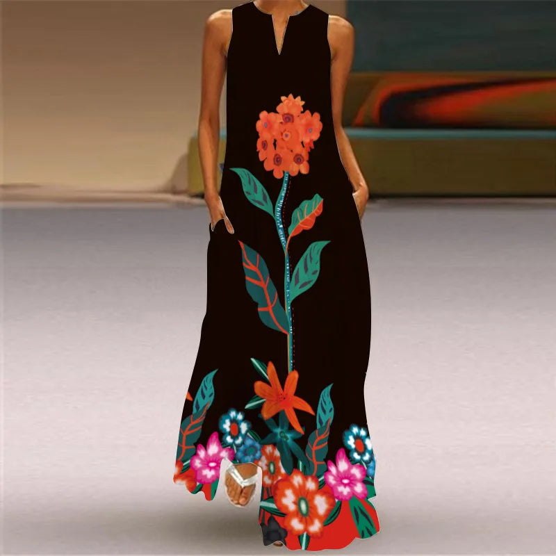Vintage Print Women Sundress 2026 Summer Fashion V-neck Sleeveless Long Dress Elegant Ladies Maxi Dresses Femme Vestidos