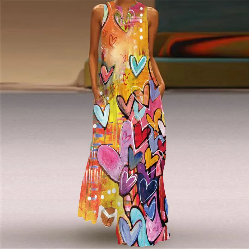 Vintage Print Women Sundress 2026 Summer Fashion V-neck Sleeveless Long Dress Elegant Ladies Maxi Dresses Femme Vestidos