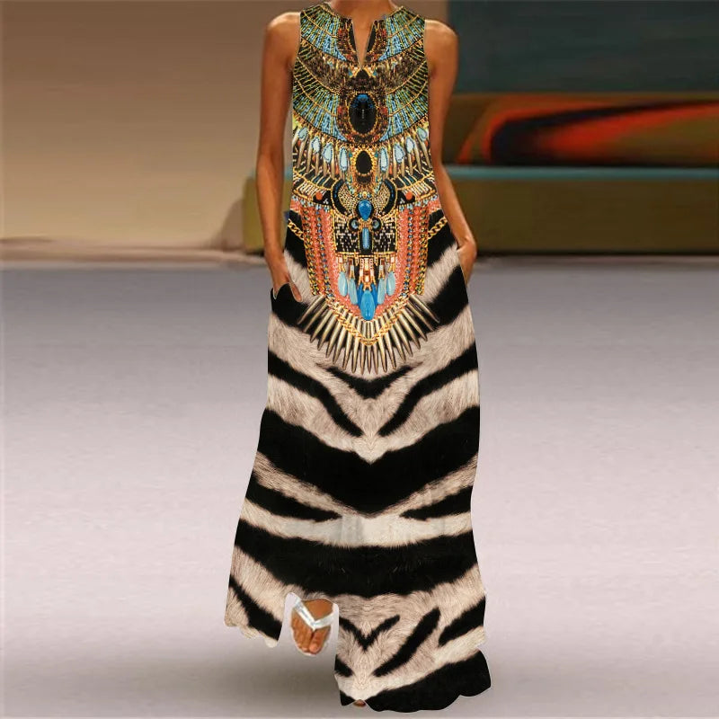 Vintage Print Women Sundress 2026 Summer Fashion V-neck Sleeveless Long Dress Elegant Ladies Maxi Dresses Femme Vestidos