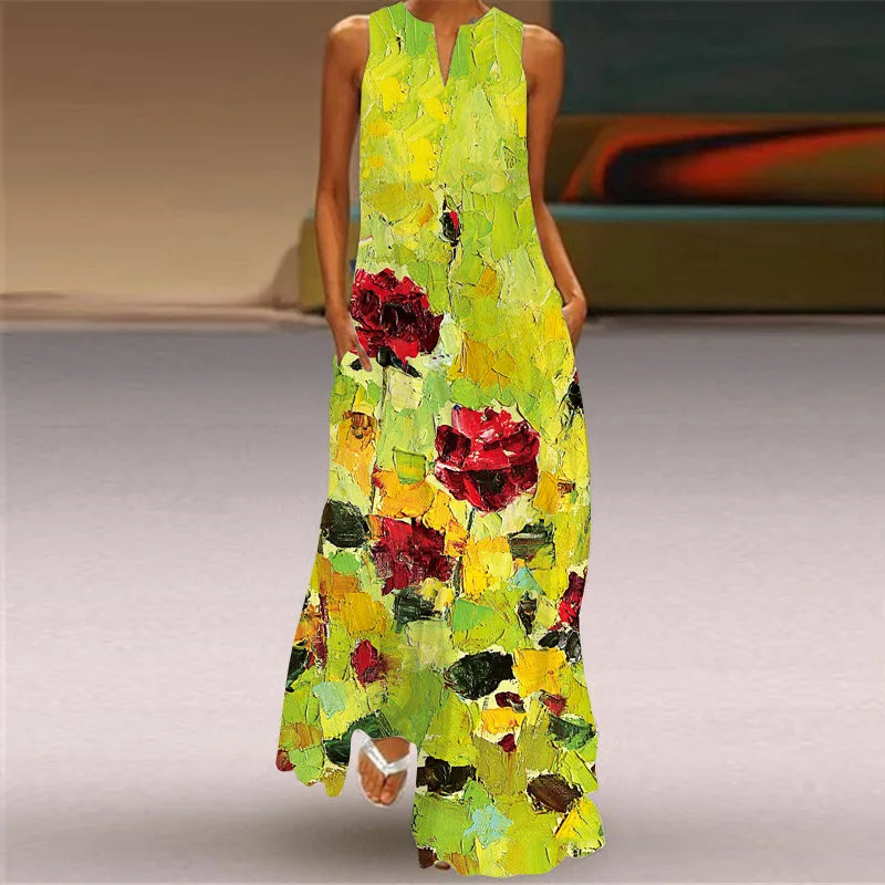 Vintage Print Women Sundress 2026 Summer Fashion V-neck Sleeveless Long Dress Elegant Ladies Maxi Dresses Femme Vestidos
