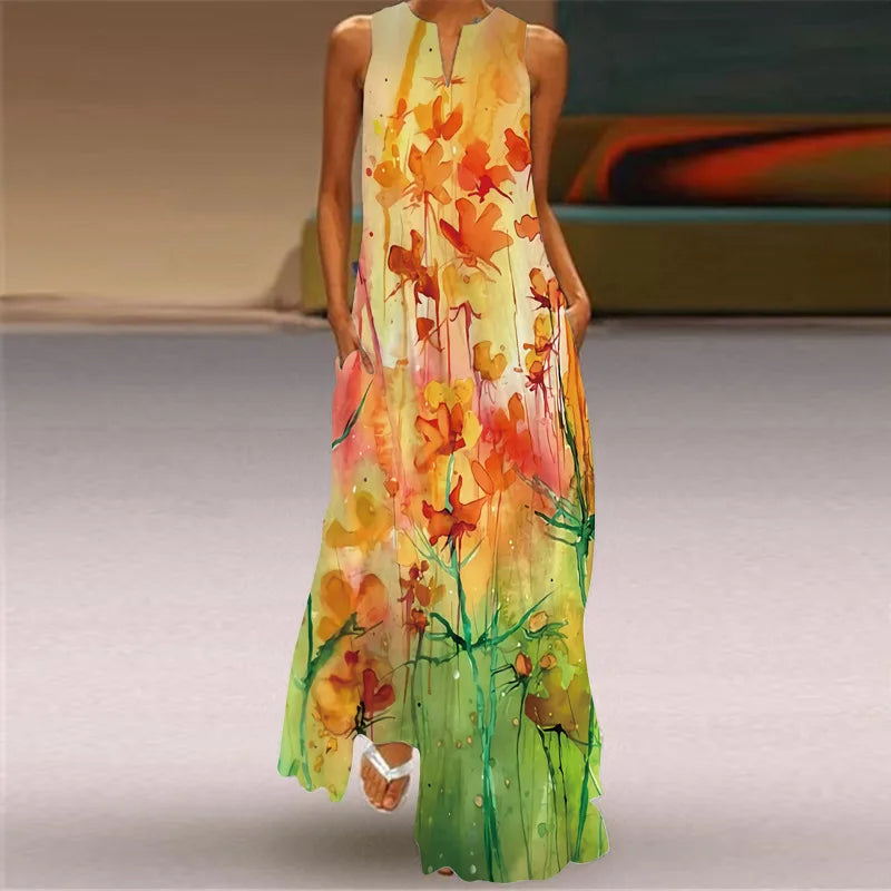 Vintage Print Women Sundress 2026 Summer Fashion V-neck Sleeveless Long Dress Elegant Ladies Maxi Dresses Femme Vestidos