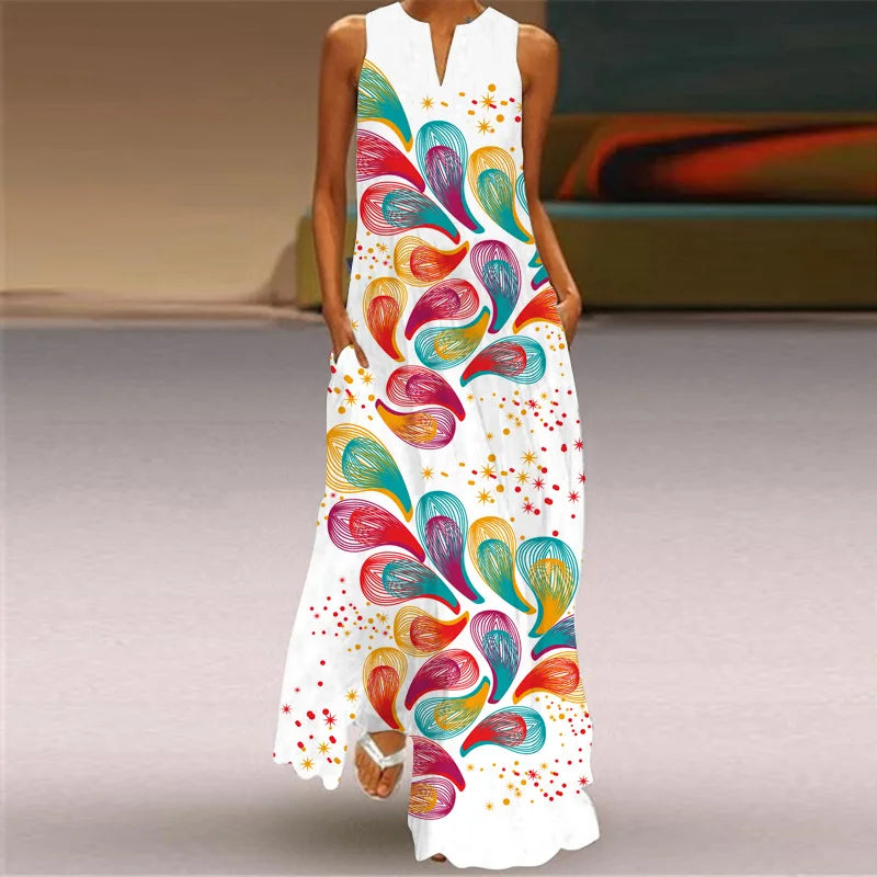 Vintage Print Women Sundress 2026 Summer Fashion V-neck Sleeveless Long Dress Elegant Ladies Maxi Dresses Femme Vestidos