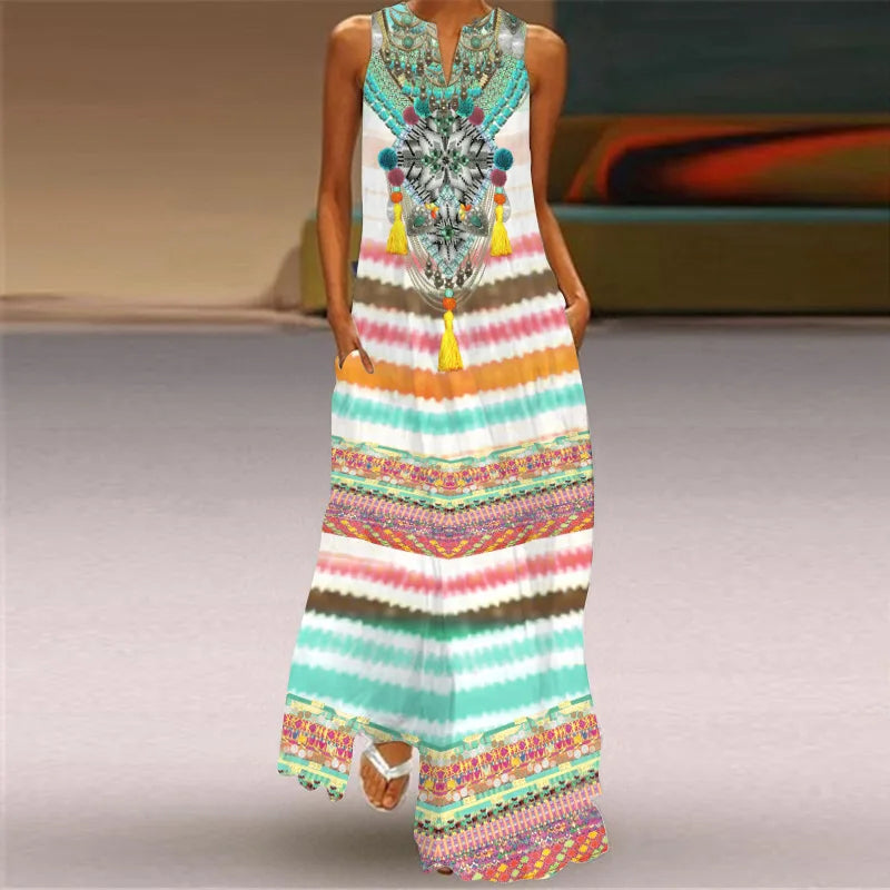 Vintage Print Women Sundress 2026 Summer Fashion V-neck Sleeveless Long Dress Elegant Ladies Maxi Dresses Femme Vestidos
