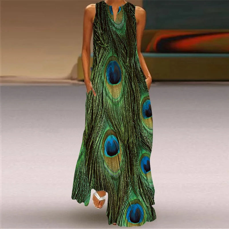 Vintage Print Women Sundress 2026 Summer Fashion V-neck Sleeveless Long Dress Elegant Ladies Maxi Dresses Femme Vestidos