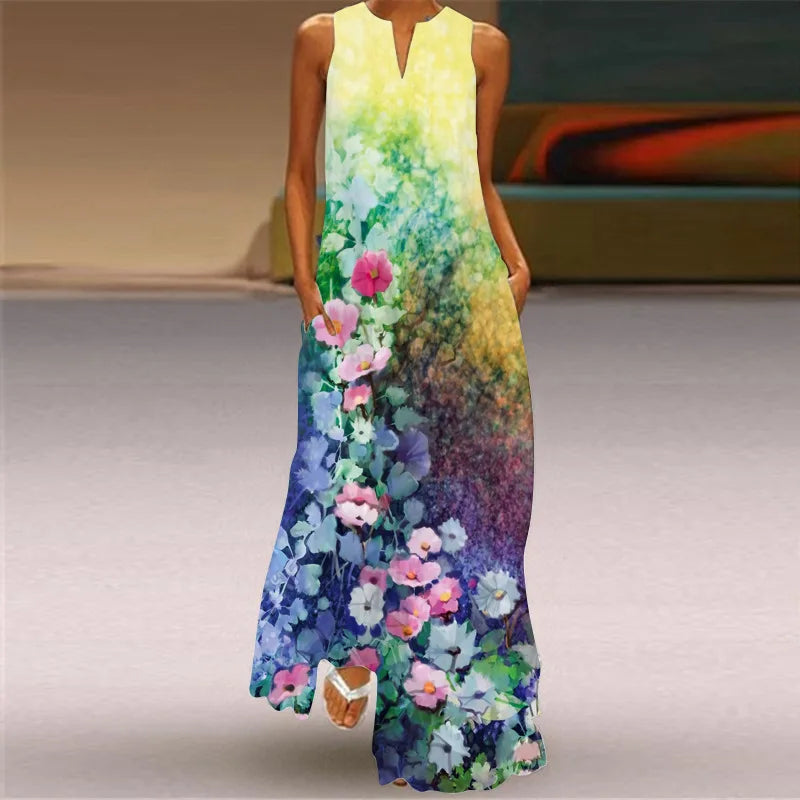 Vintage Print Women Sundress 2026 Summer Fashion V-neck Sleeveless Long Dress Elegant Ladies Maxi Dresses Femme Vestidos