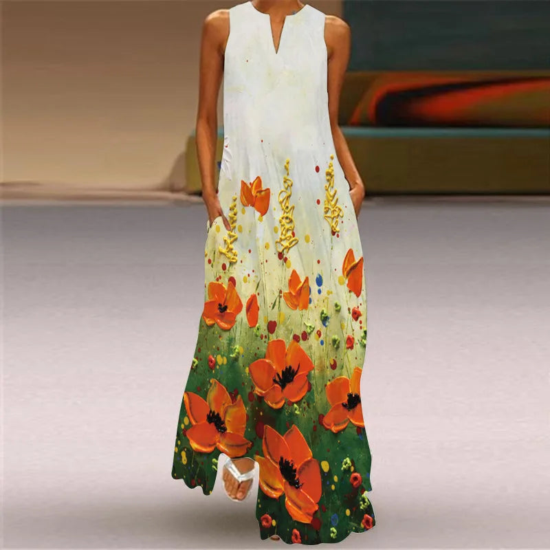 Vintage Print Women Sundress 2026 Summer Fashion V-neck Sleeveless Long Dress Elegant Ladies Maxi Dresses Femme Vestidos