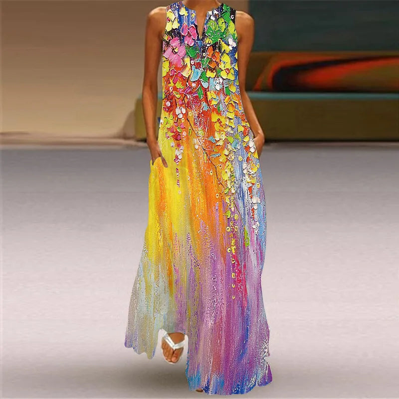 Vintage Print Women Sundress 2026 Summer Fashion V-neck Sleeveless Long Dress Elegant Ladies Maxi Dresses Femme Vestidos