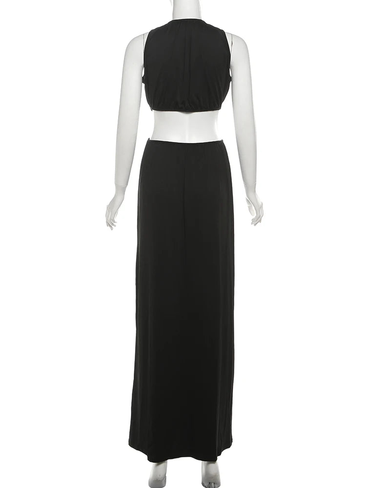 kliou Shirring Waistless Women Maxi Dresses Hipster Simple Sleeveless Splice O-neck Sheath Straight Robe Female Evening Frock